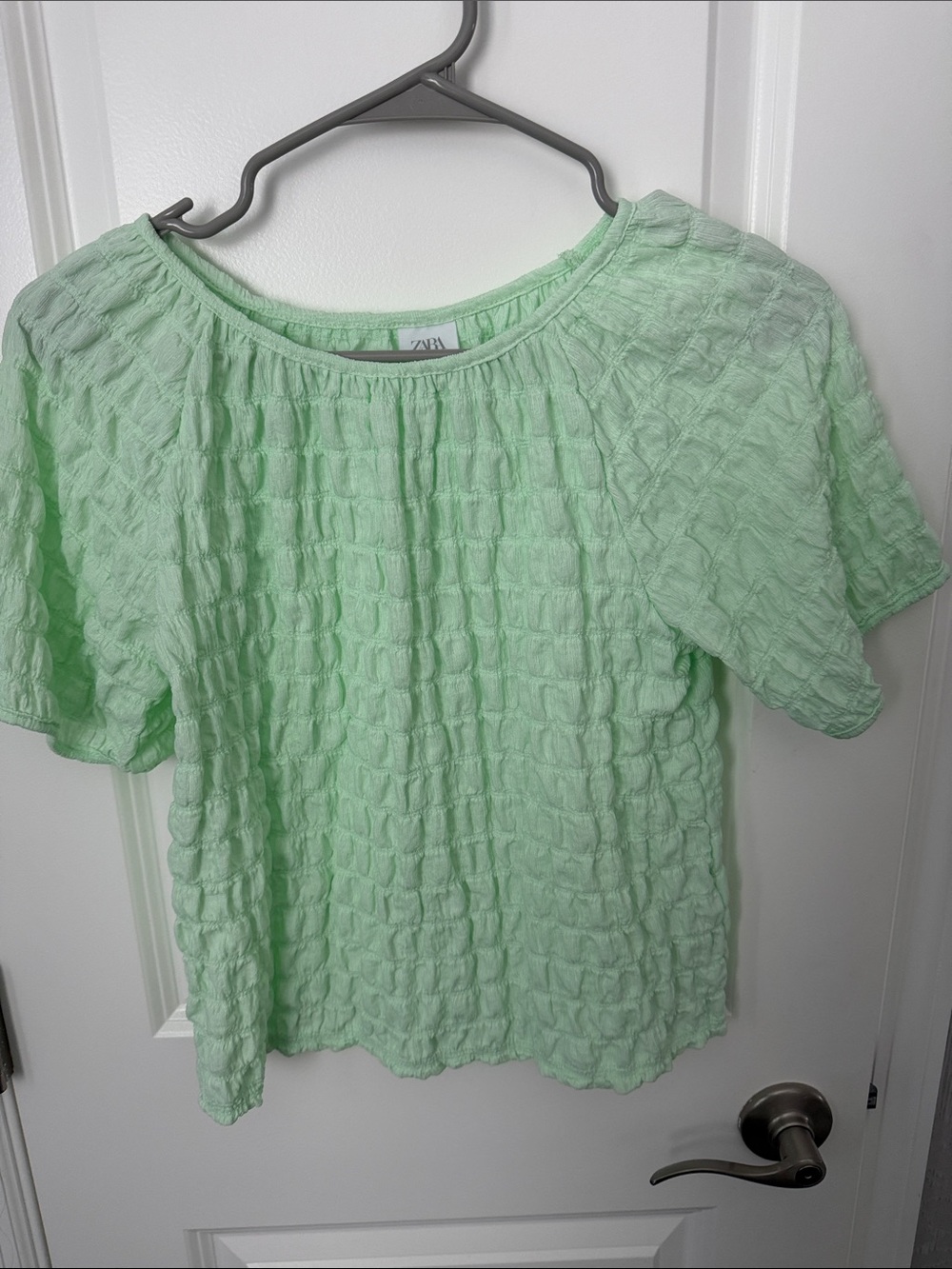 Zara Light Mint Crinkle Short Sleeve Blouse